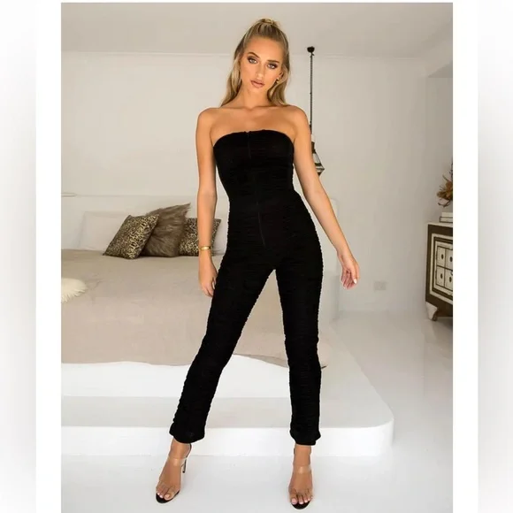 I.AM.GIA Ophelia black strapless mesh ruched jumpsuit club party festival medium